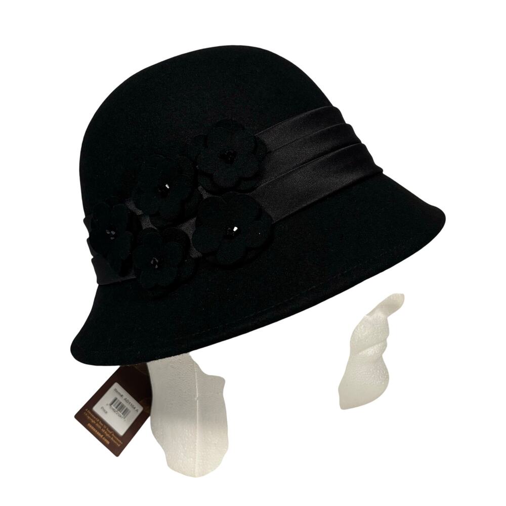 Adora Black Wool Floral Ribbon Felt Winter Cloche Hat Adjustable Womens OS NEW - Picture 2 of 13